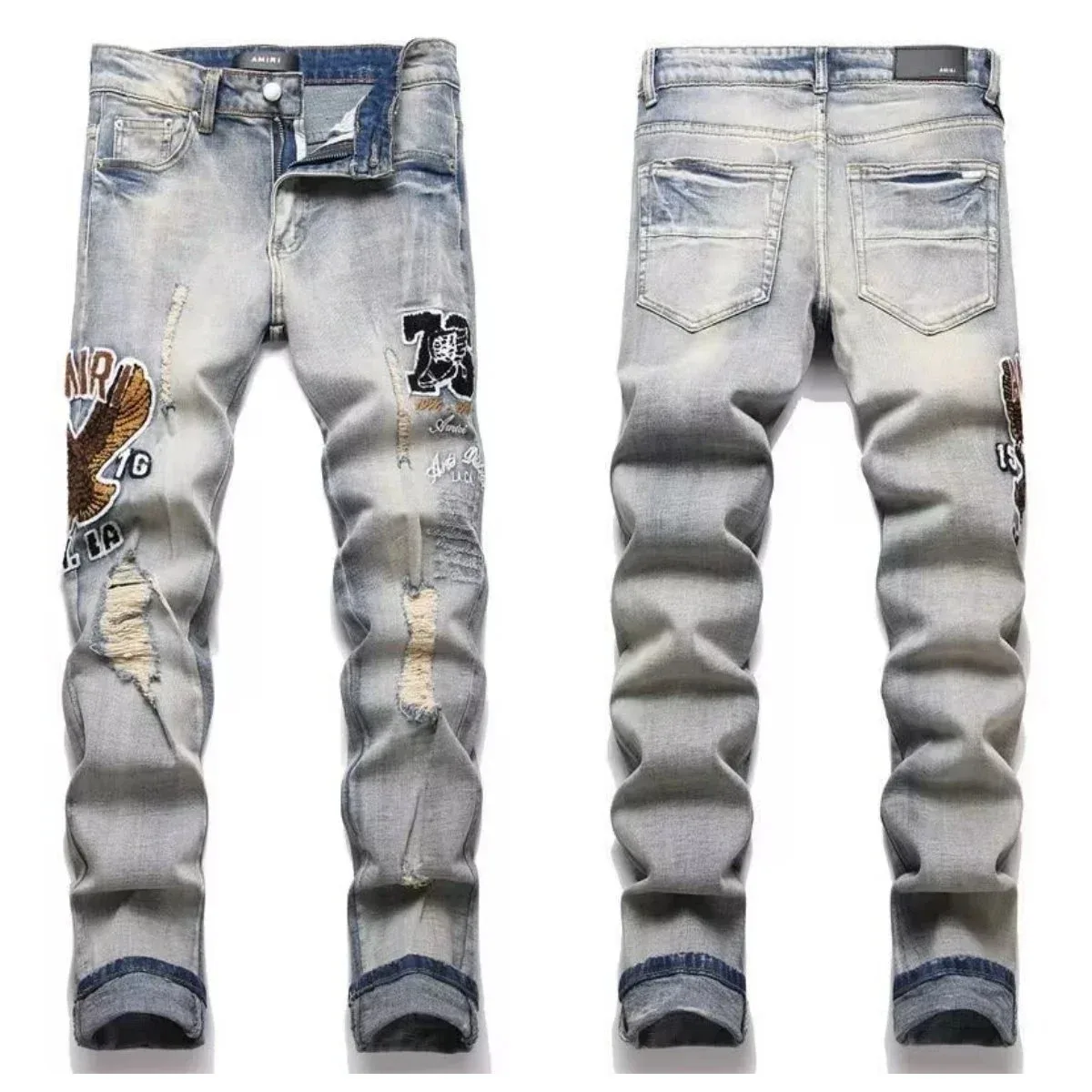 Amiri Amiri Distressed Eagle Patch Jeans Light Wash Men Blue
