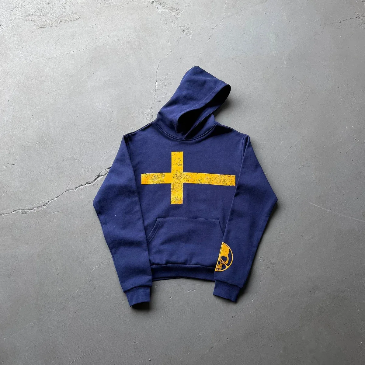 Other Unisex Navy/Yellow Cross Print Hoodie Blue - 1