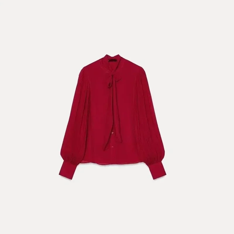 Other Red Blouse with Tie Neck and Puffed Sleeves Red - 1
