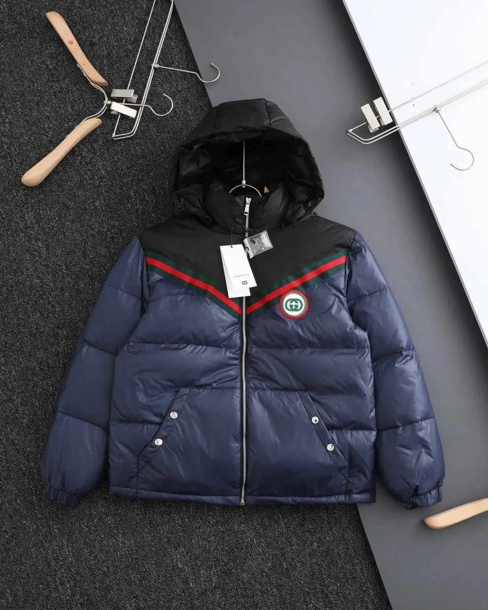 Gucci Gucci Interlocking G Navy/Black with Green-Red Stripes Puffer Jacket Navy