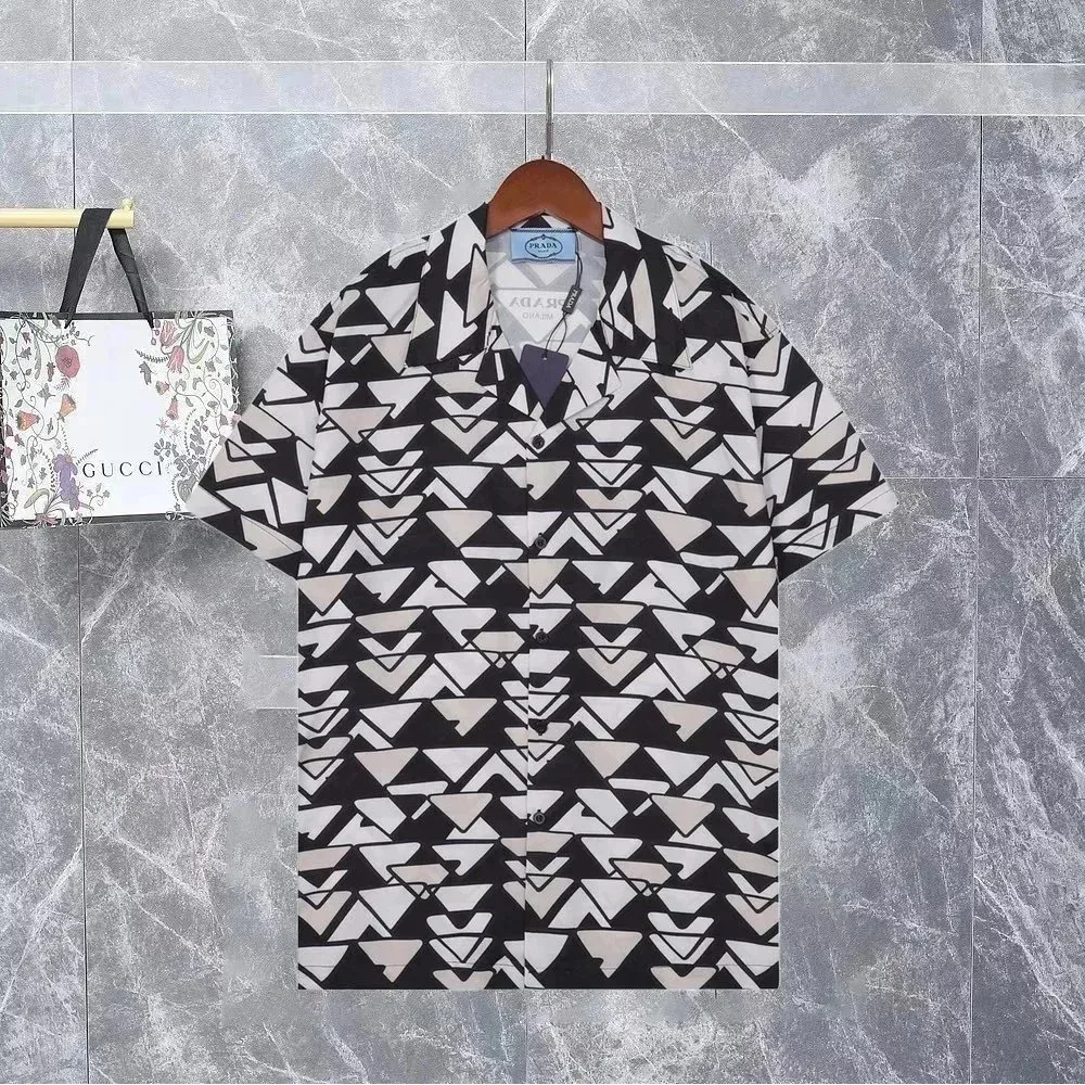 Prada Prada 11黑白花衬衫 Top quality Short Sleeve Shirt Black - 1