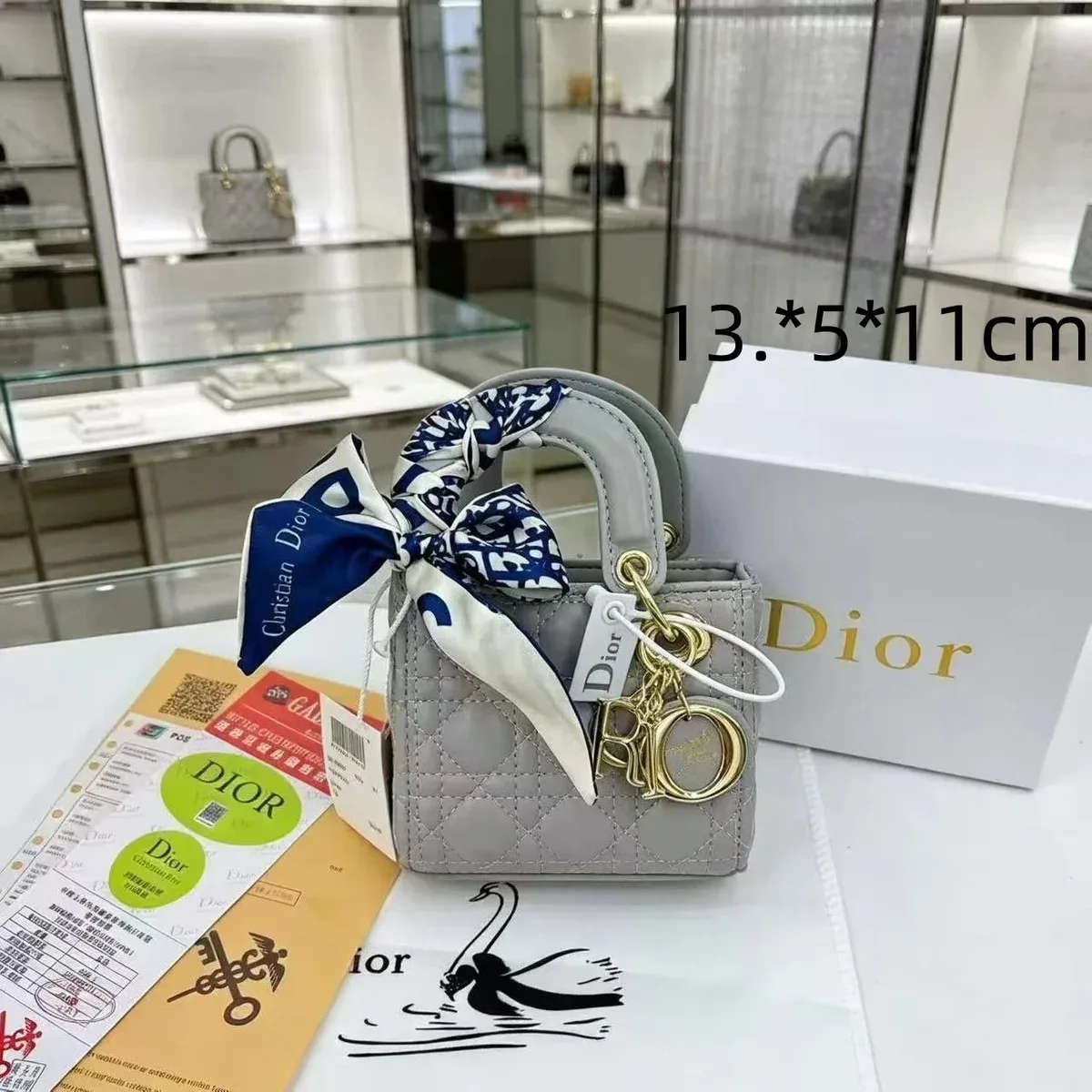 Dior Dior Lady Dior Mini Grey Quilted Leather Bag Grey - 1