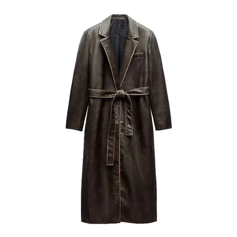 Other Unisex Dark Brown Belted Leather Trench Coat Brown - 1