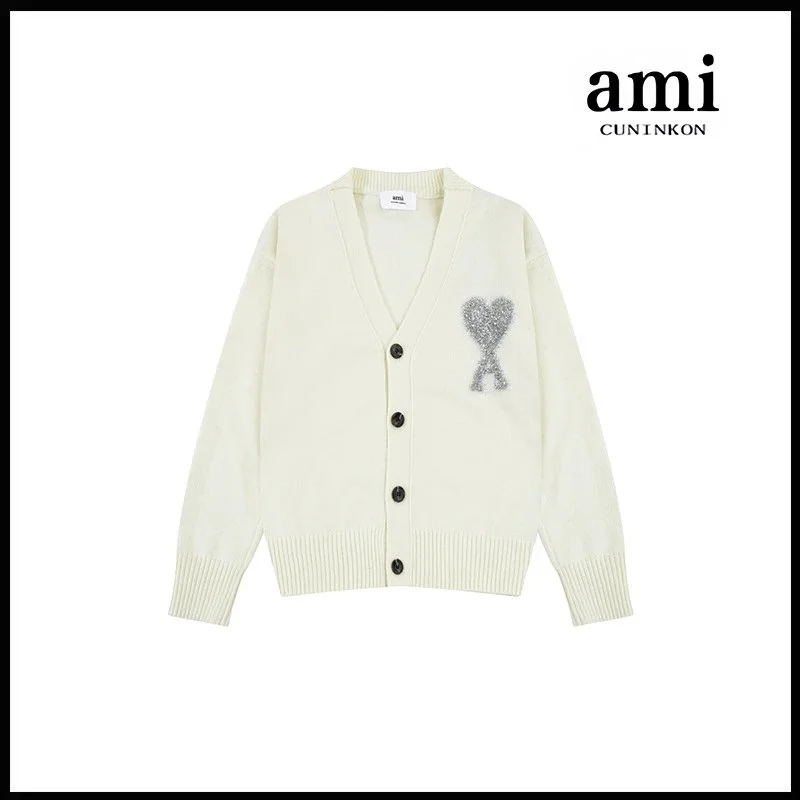 Ami Paris AMI A8148 Silver Heart Cardigan in Cream Cream - 1