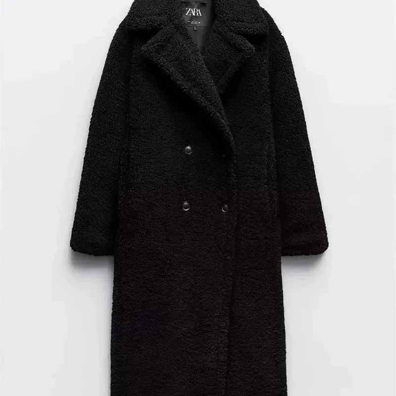 Zara Zara Double-Breasted Teddy Coat Black Black