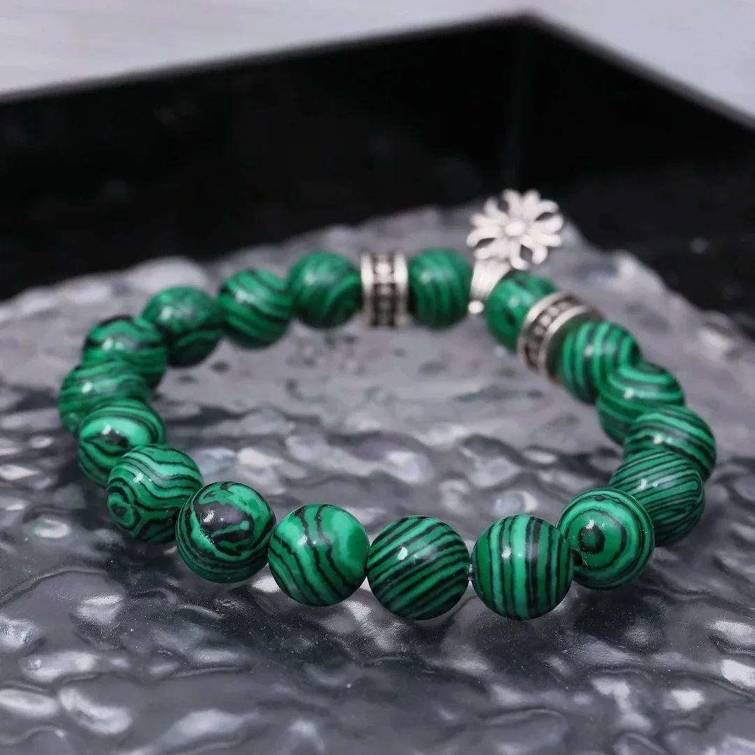 Other Green Striped Bead Bracelet with Silver Flower Charm Green - 1