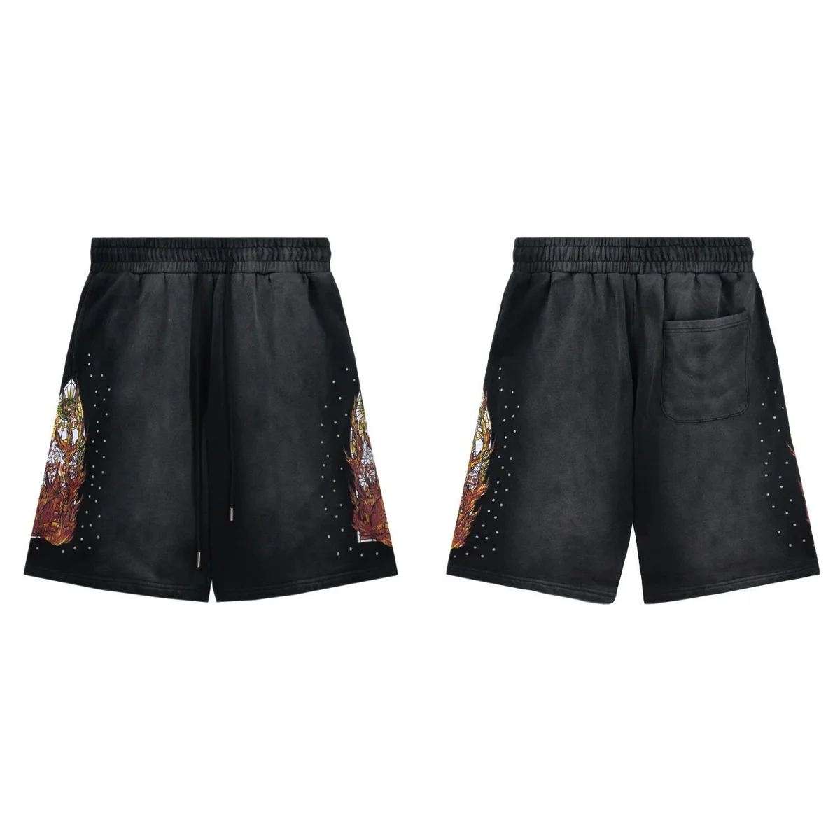 Other 640 Washed Black Flame Print Shorts Black - 1