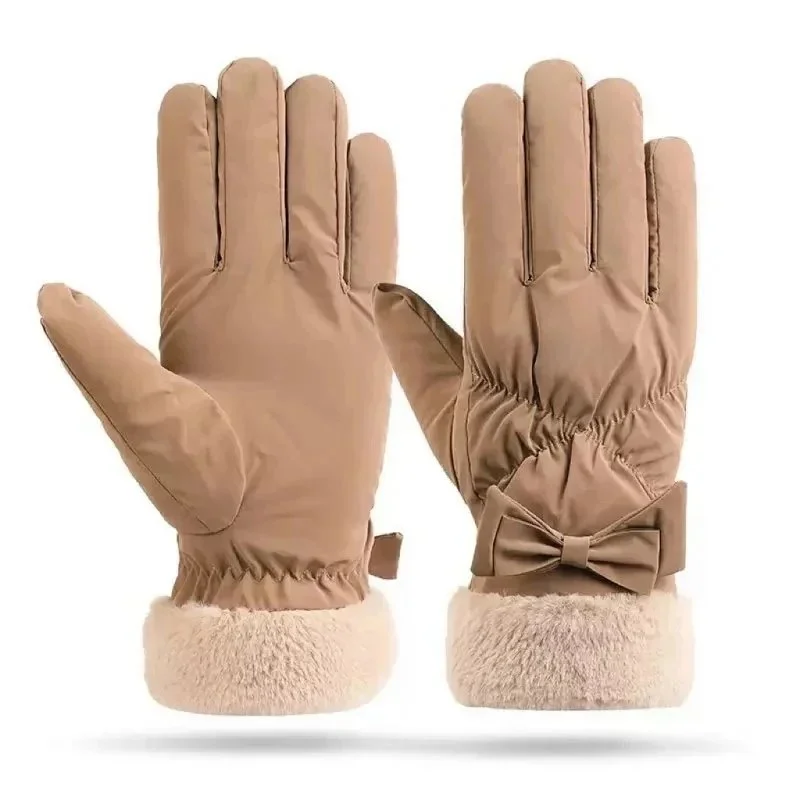 Other Beige Bowknot Winter Gloves with Faux Fur Cuffs Beige - 1