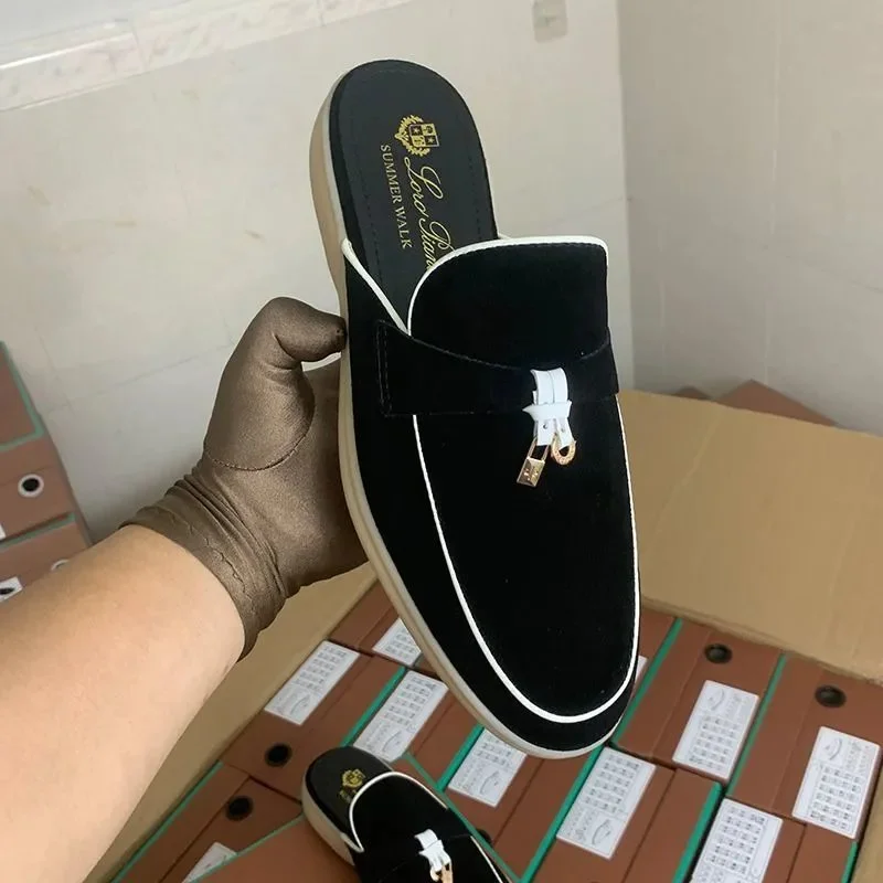 Other Unisex Black Velvet Loafers B10 Flats Black - 1