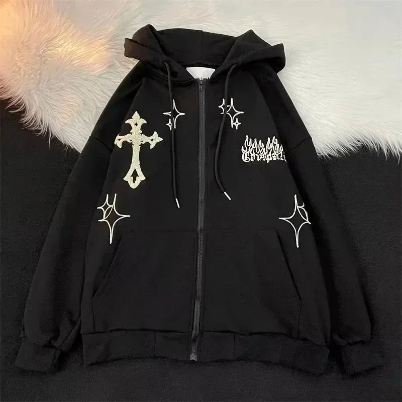 Other Black Cross Embroidery Zip-Up Hoodie Black - 1