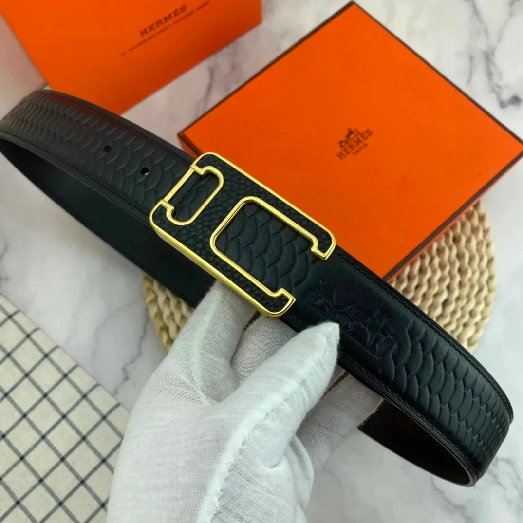Hermès Hermès H Buckle Black Embossed Leather Belt Black