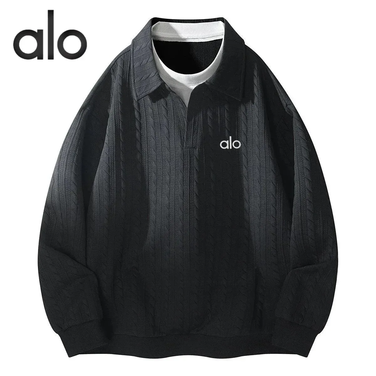 Alo Yoga Alo Black Cable Knit Polo Shirt Black - 1