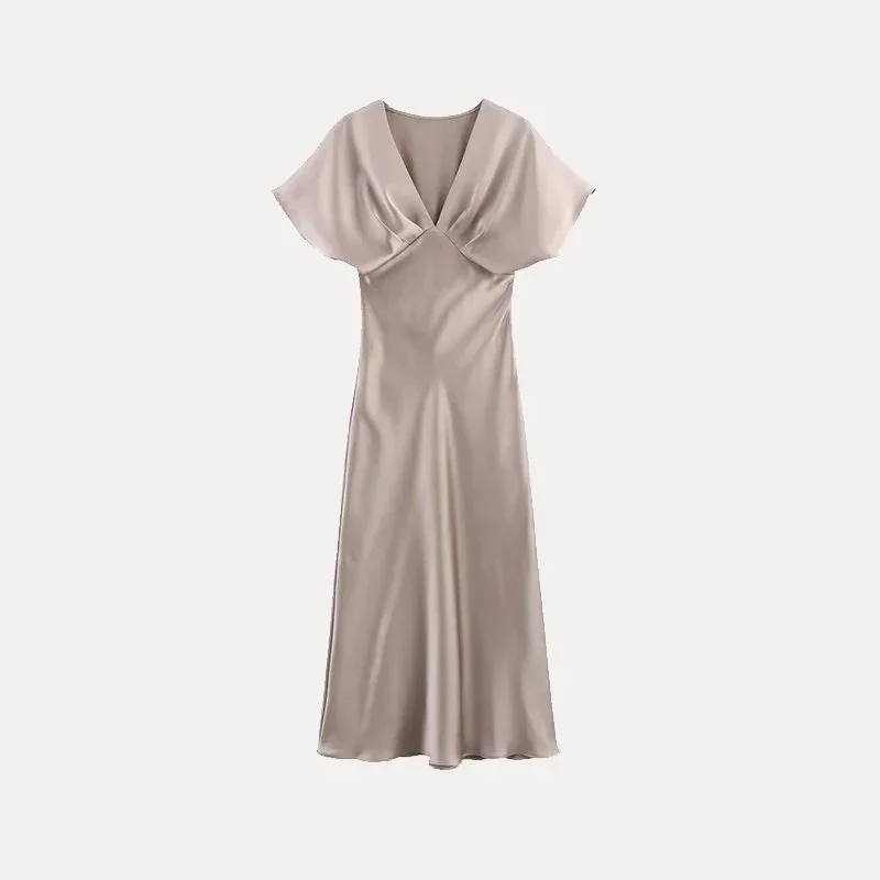 Other Elegant香槟色Silk Midi Dress Beige - 1