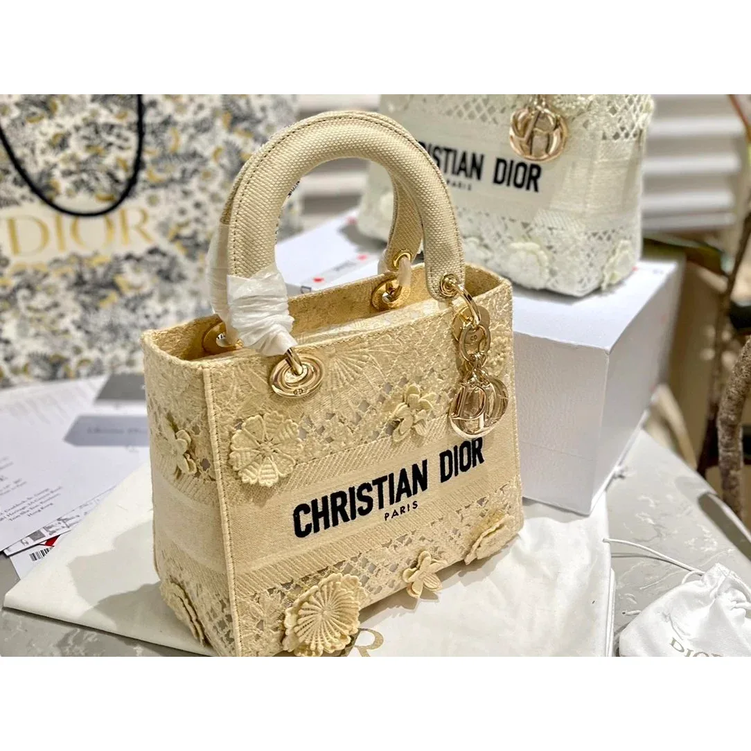 Dior Christian Dior Lady Dior Beige Lace Embroidery Bag Beige - 1