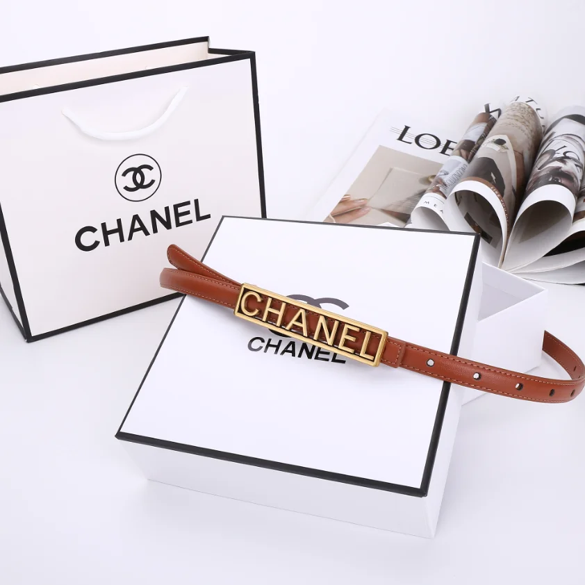 Chanel Chanel Brown Leather Belt with Gold Logo Brown