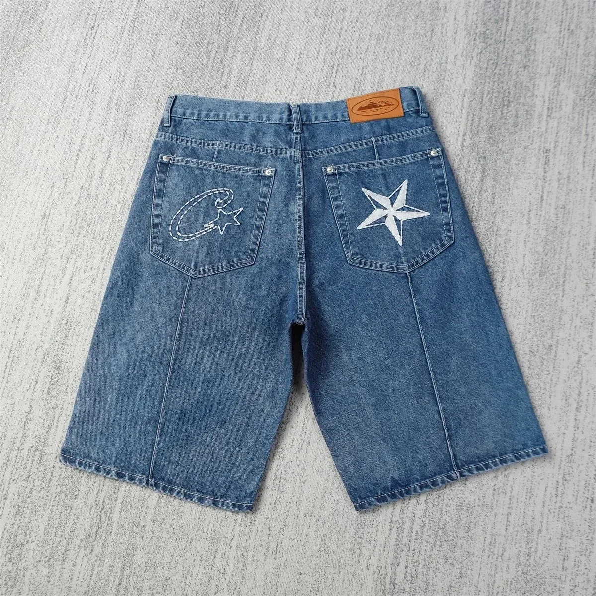 Other Unisex Denim Shorts with Embroidered Star & Crescent Blue - 1