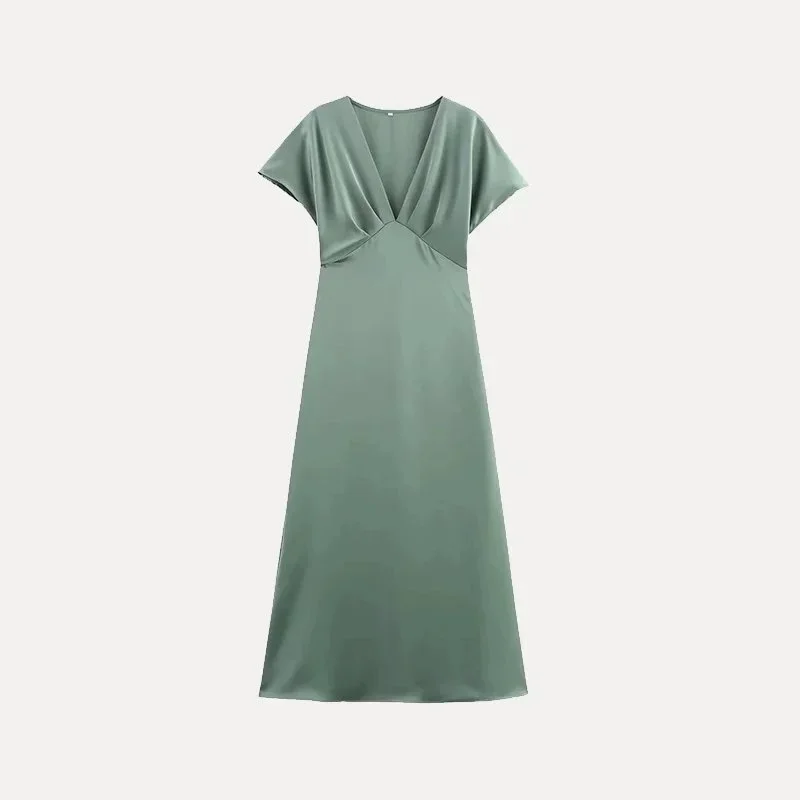 Other Green Satin V-Neck Midi Dress Green - 1