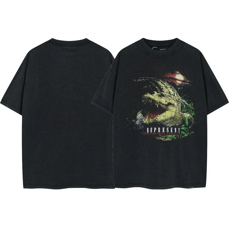 Represent Represent Distressed Black Crocodile Print T-Shirt Black
