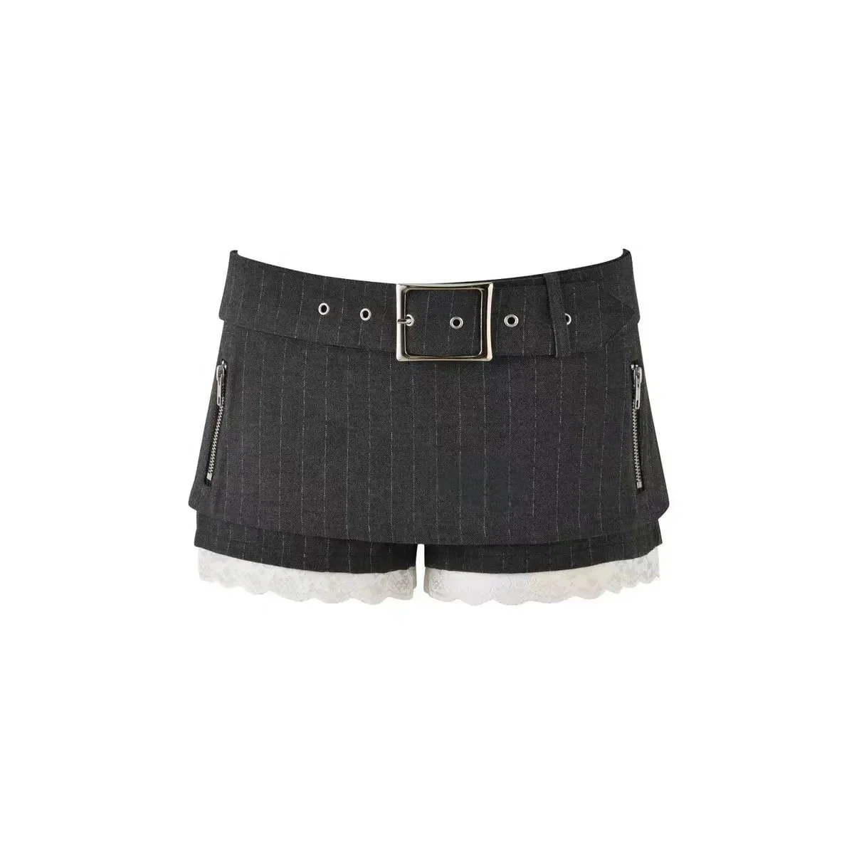 Other Striped Lace Hem Shorts with Belt Black - 1