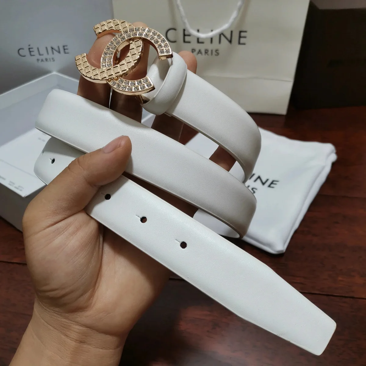 Celine Celine White Leather Belt with CC Buckle White - 1