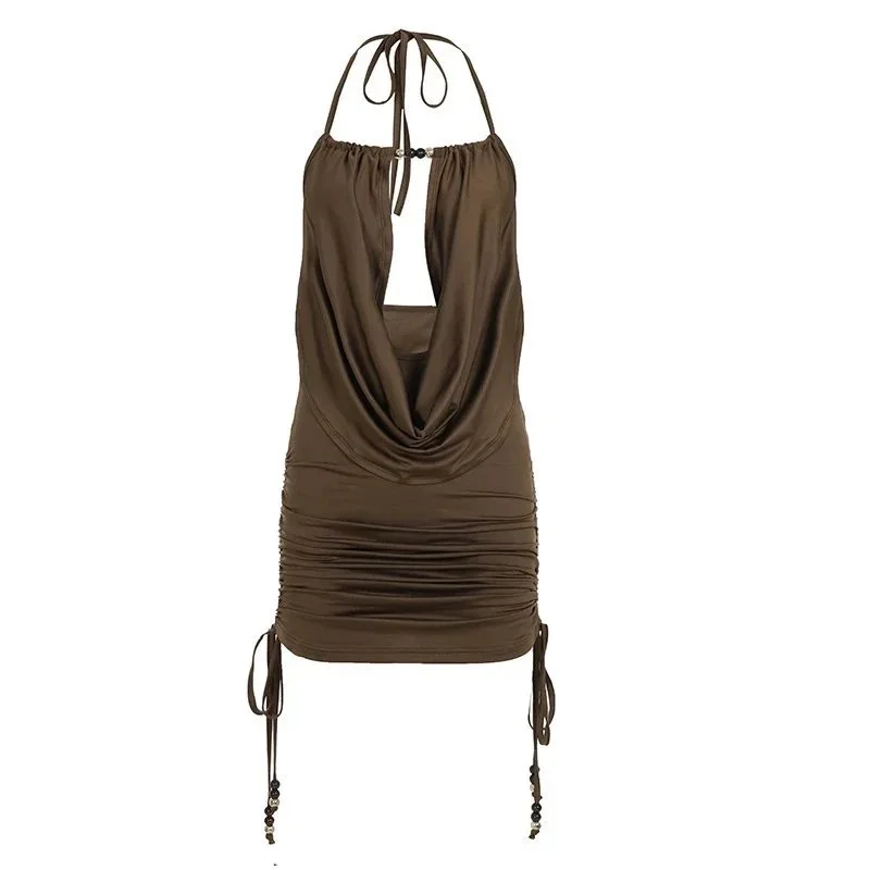 Other Unknown Brand Olive Ruched Halter Mini Dress Brown - 1