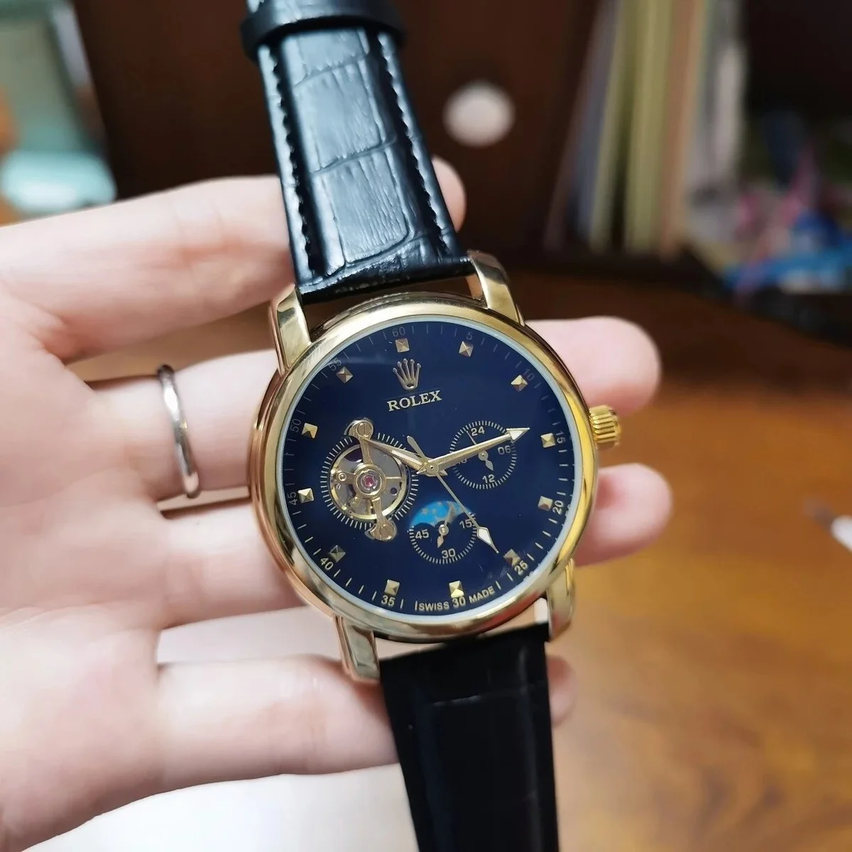 Rolex Rolex Oyster Perpetual Blue Dial Gold Case Black Leather Watch Blue - 1