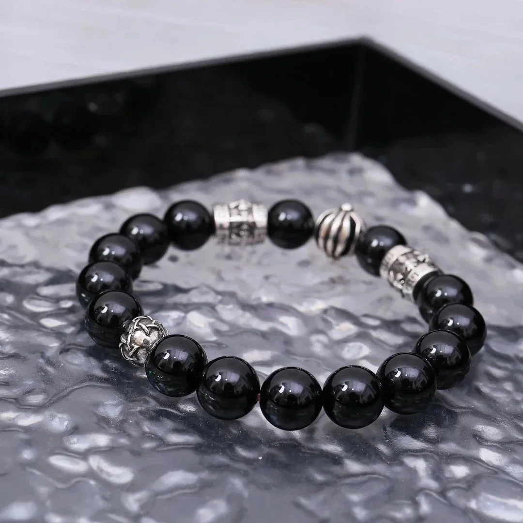 Other Black Onyx Bead Bracelet with Silver Accents Black - 1