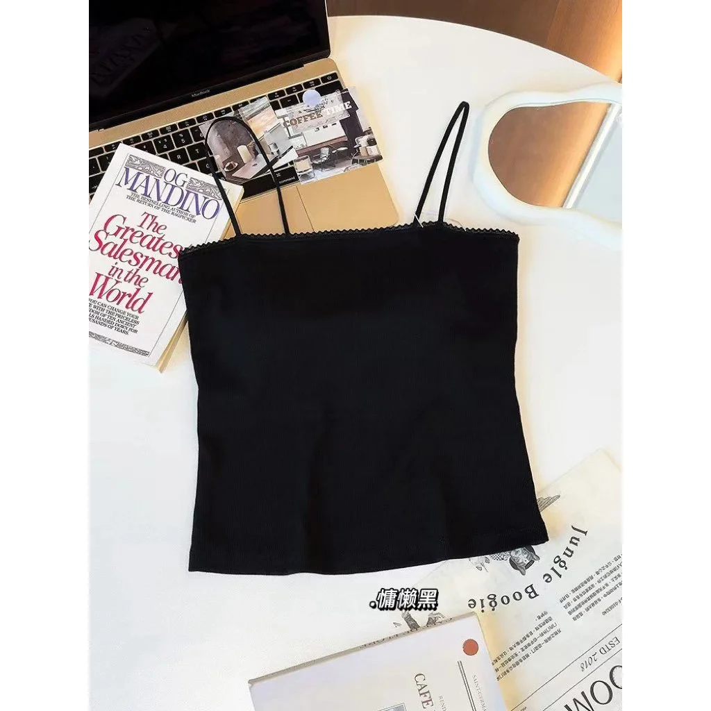 Other Unisex Black Lace Trim Camisole Top Black - 1