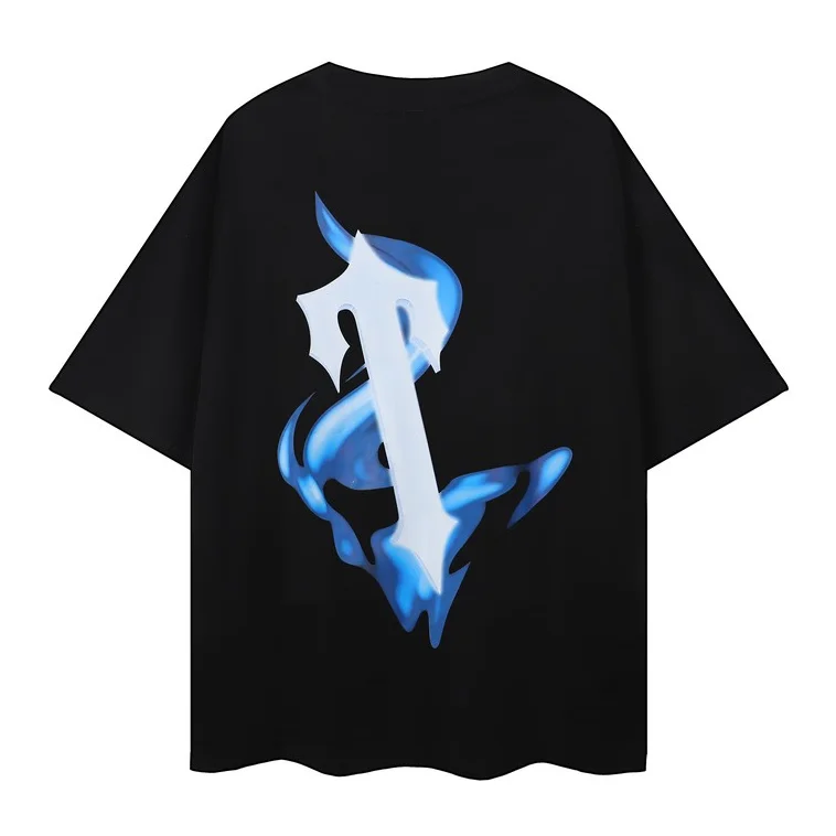 Other Black Blue Flame Letter T-Shirt Streetwear Black - 1