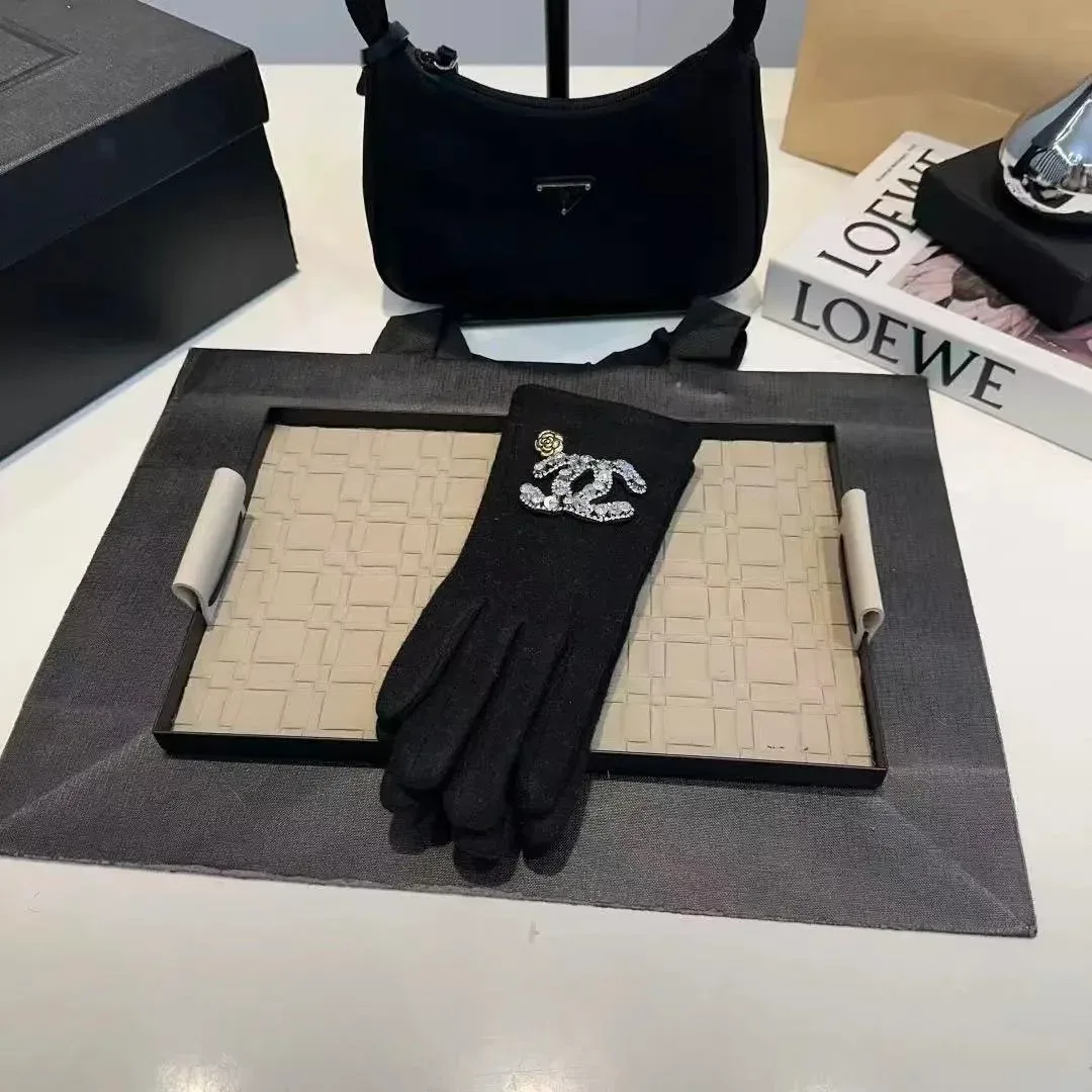 Chanel Chanel Black Crystal CC Logo Gloves Black