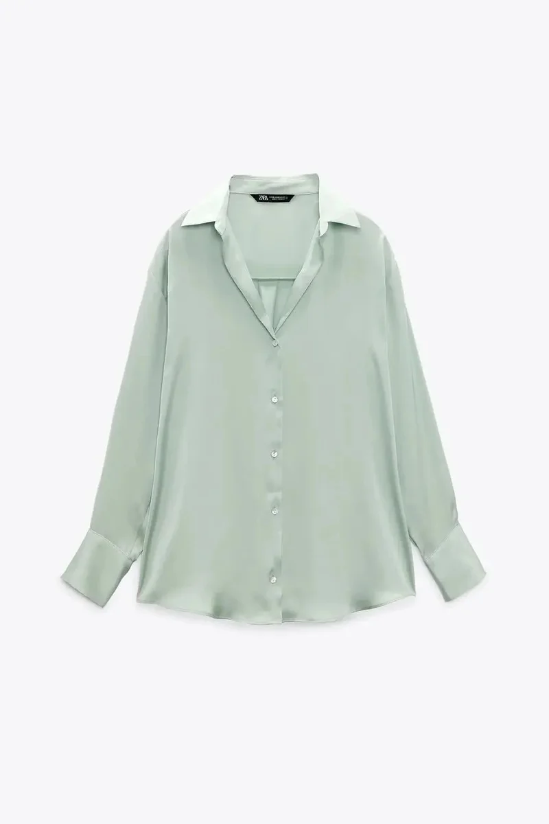 Zara Zara Satin Button-Up Shirt Mint Green Green - 1