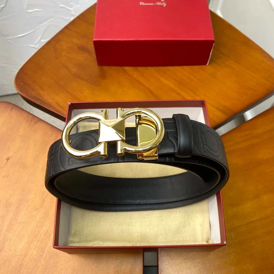 Salvatore Ferragamo Ferragamo Gancini Black Belt with Gold Buckle Black - 1