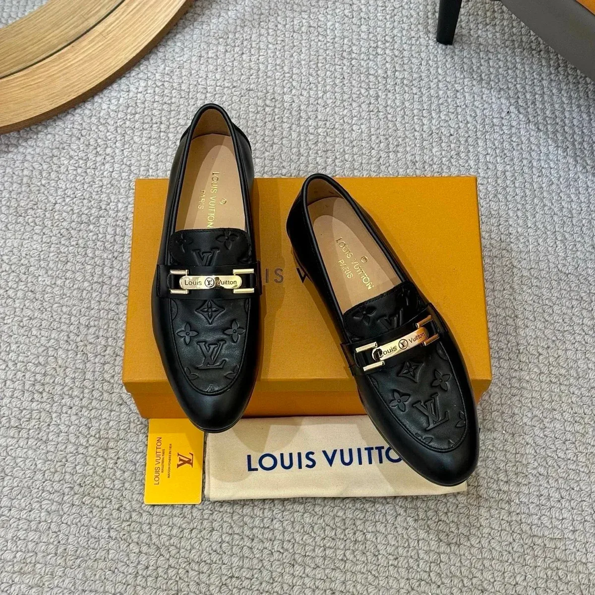 Louis Vuitton Tabi Monogram Loafers Black Leather Shoes