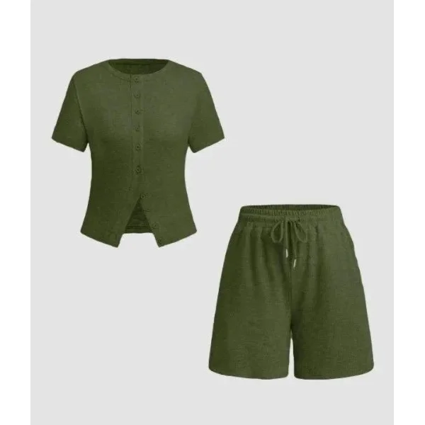 Other Olive Green Co-ord Set Casual Shorts & Button-Up Top Green - 1