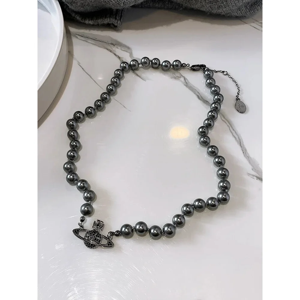 Vivienne Westwood Vivienne Westwood Orb Pearl Necklace (Titanium Black) Jewelry Black - 1