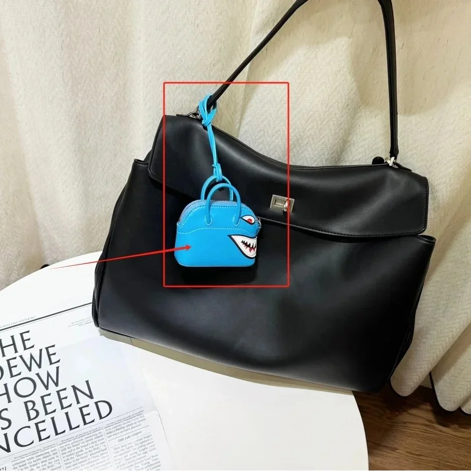 Other Black Leather Handbag with Blue Shark Charm Bag Black - 1