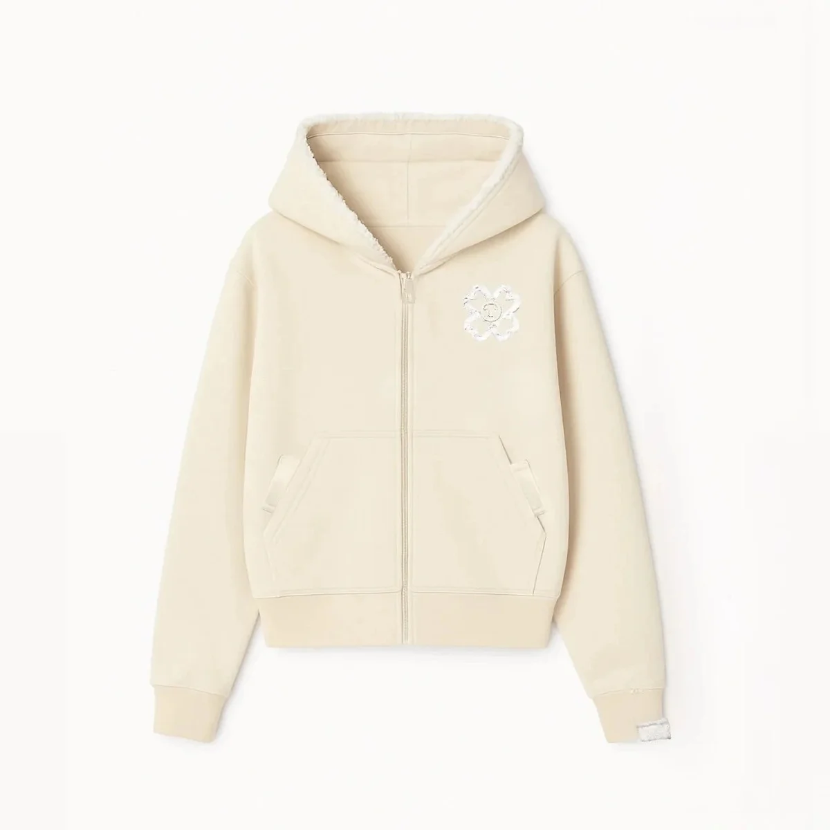 Other Beige Zip-Up Hoodie with Embroidered Flower Beige - 1