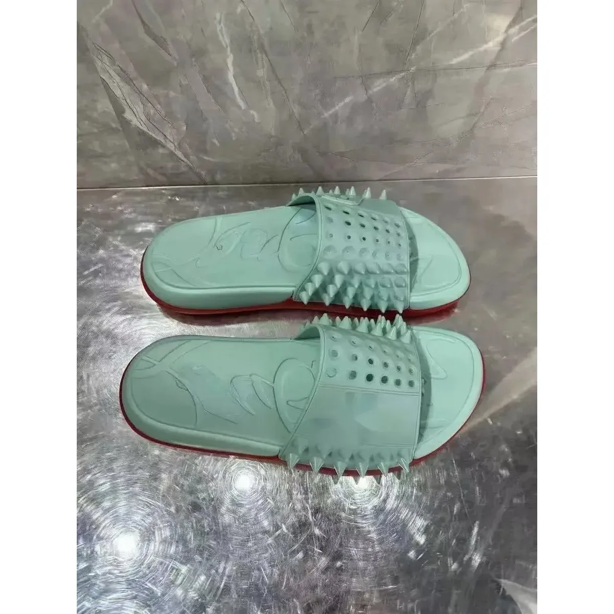 Christian Louboutin Christian Louboutin Spiked Slide Sandals Mint Green Green - 1