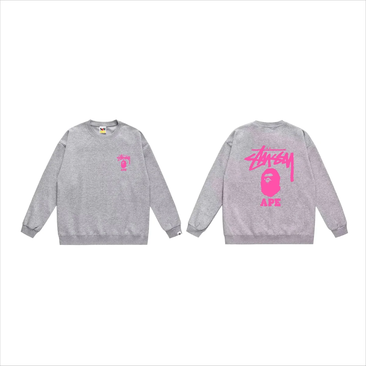 A Bathing Ape BAPE Grey with Pink BAPE Head Crewneck Sweatshirt Grey - 1