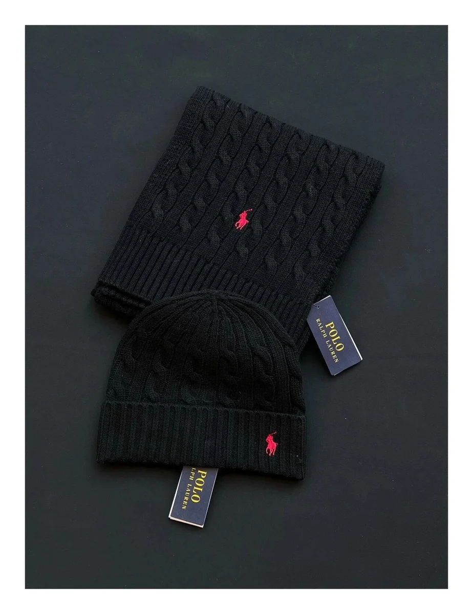 Polo Ralph Lauren Polo Ralph Lauren Black Red Logo Beanie & Scarf Set Black - 1