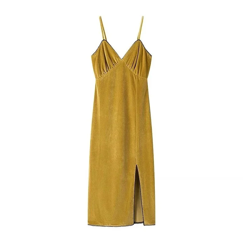 Other Mustard Velvet Slip Dress Casual Yellow - 1