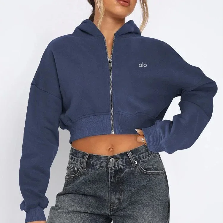 Alo Yoga Alo Deep Blue Cropped Zip-Up Hoodie Navy - 1
