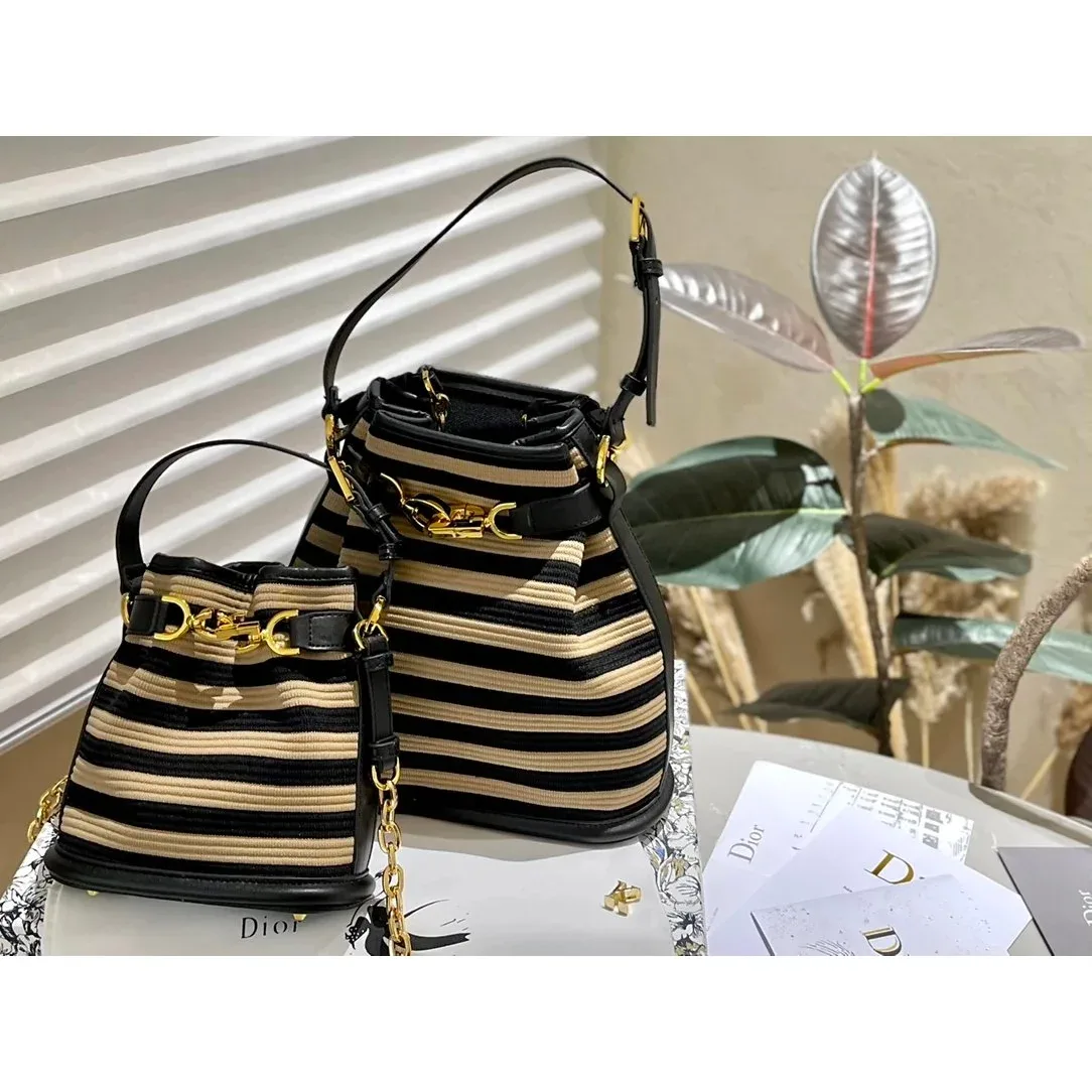 Dior Dior Lady Dior Black & Beige Striped Bucket Bag Black - 1