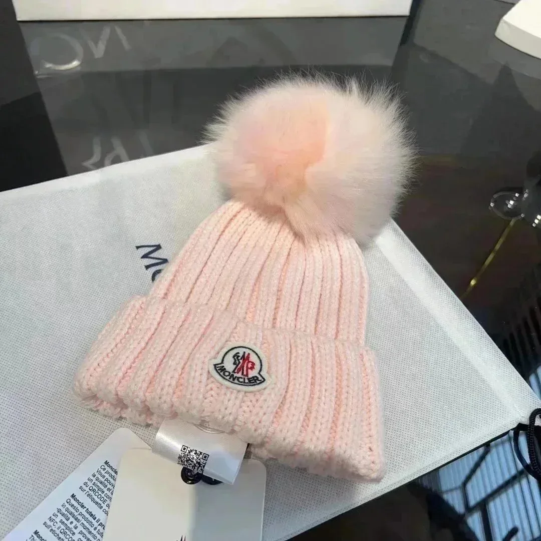 Moncler Pink Fur Pom Beanie Hat