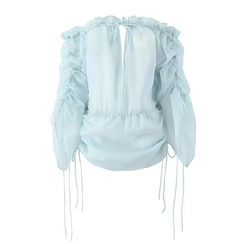 Other Blue Ruched Off-Shoulder Blouse Top Blue - 1