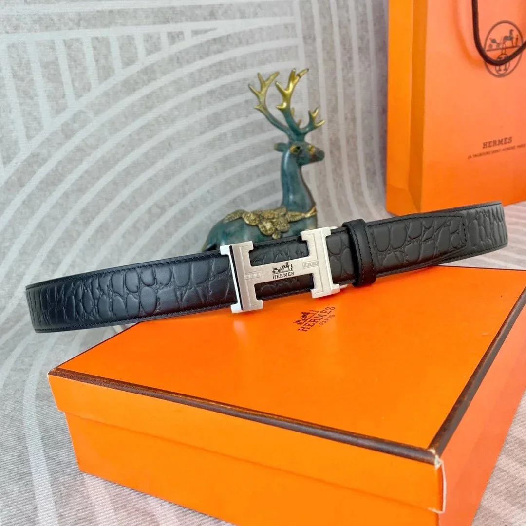 Hermès Hermès Hermès H Black Crocodile-Embossed Belt Black