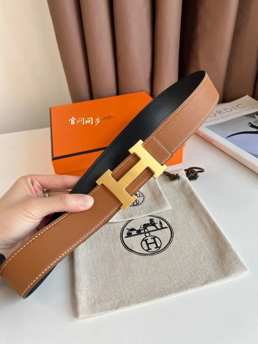 Hermès Hermès Earth Yellow Brushed Gold Buckle Palm Print Belt Brown