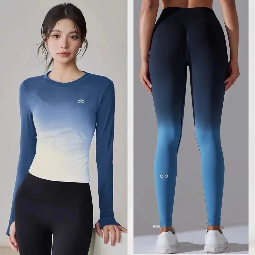 Alo Yoga Alo Gradient Long Sleeve Top CX6207 Blue+6620 Black Blue Leggings Set Blue - 1