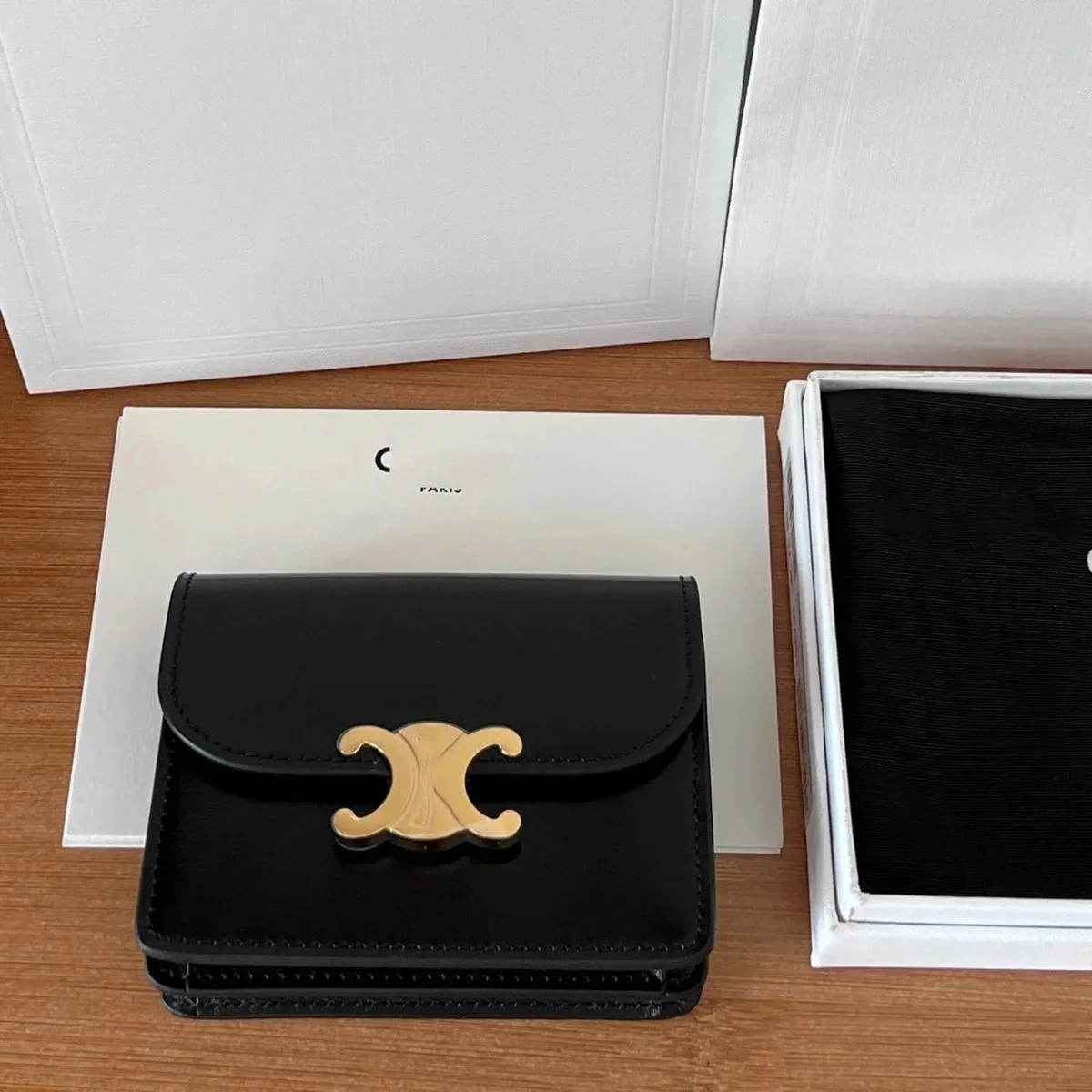 Celine Celine Triomphe Black Leather Wallet Black