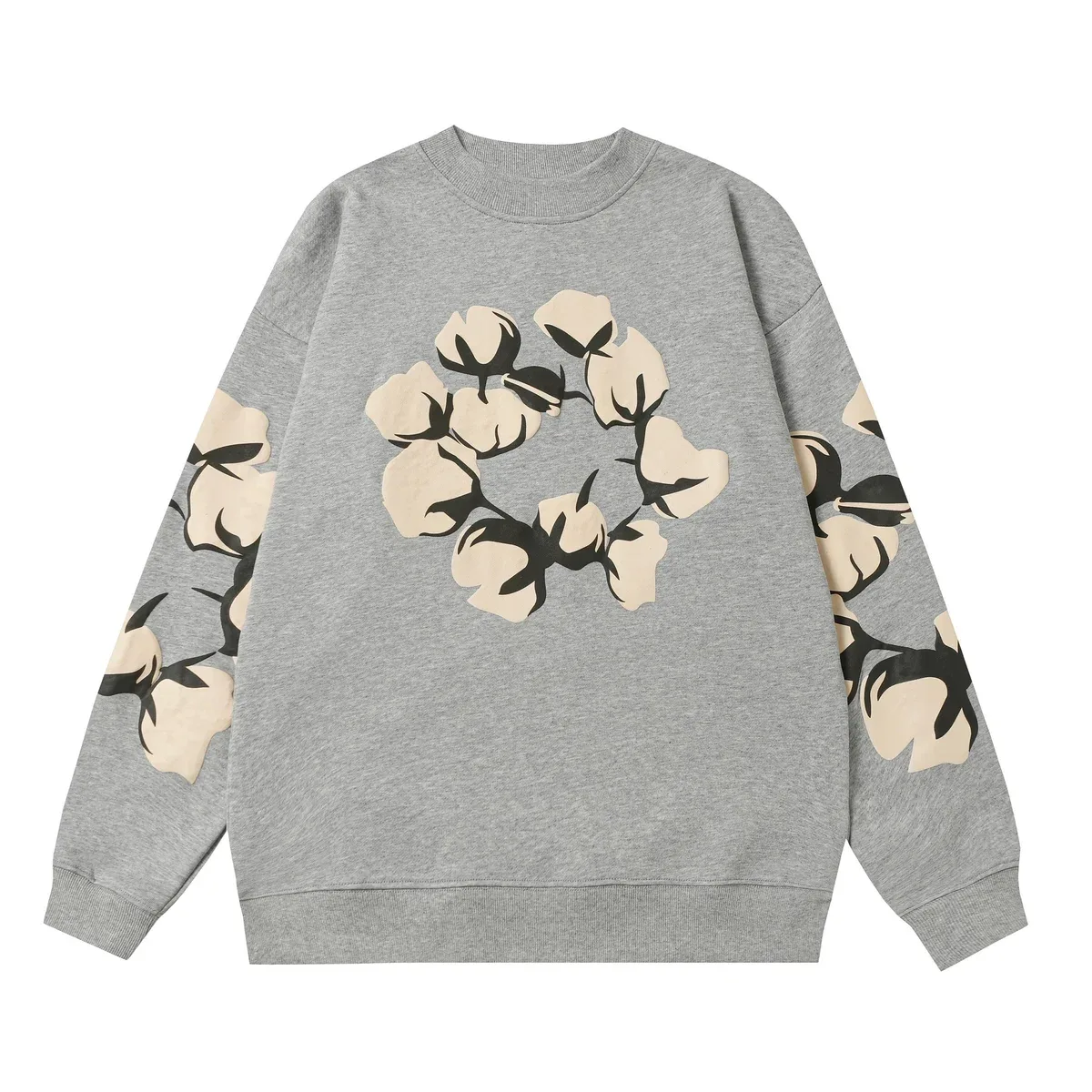 Other Unisex Grey Cotton Flower Print Sweatshirt Grey - 1